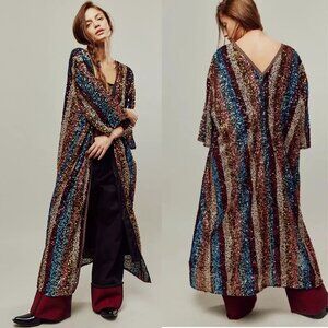 Free People Prism Rainbow Sequin Open Front Maxi Duster Cardigan Poncho Shawl